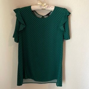 Green and black Ann Taylor flutter sleeve office top